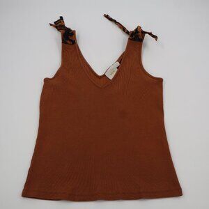 Maeve Anthropologie Ribbed Tie Shoulder Tank Top Womens Large Rust Orange V-Neck